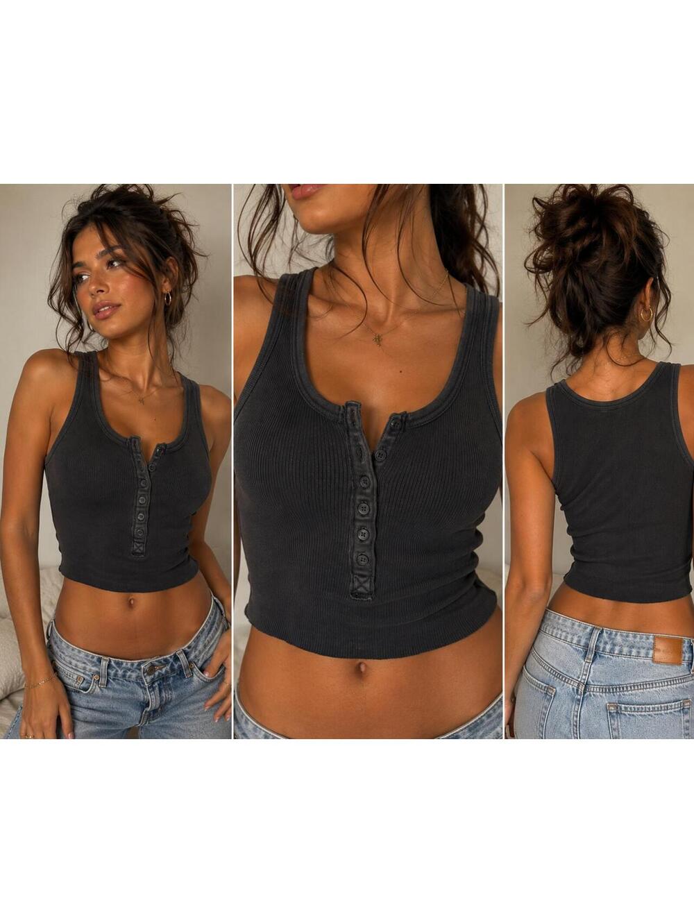 Aerie Ribbed Button Front Tank Top in Black, Size XXS